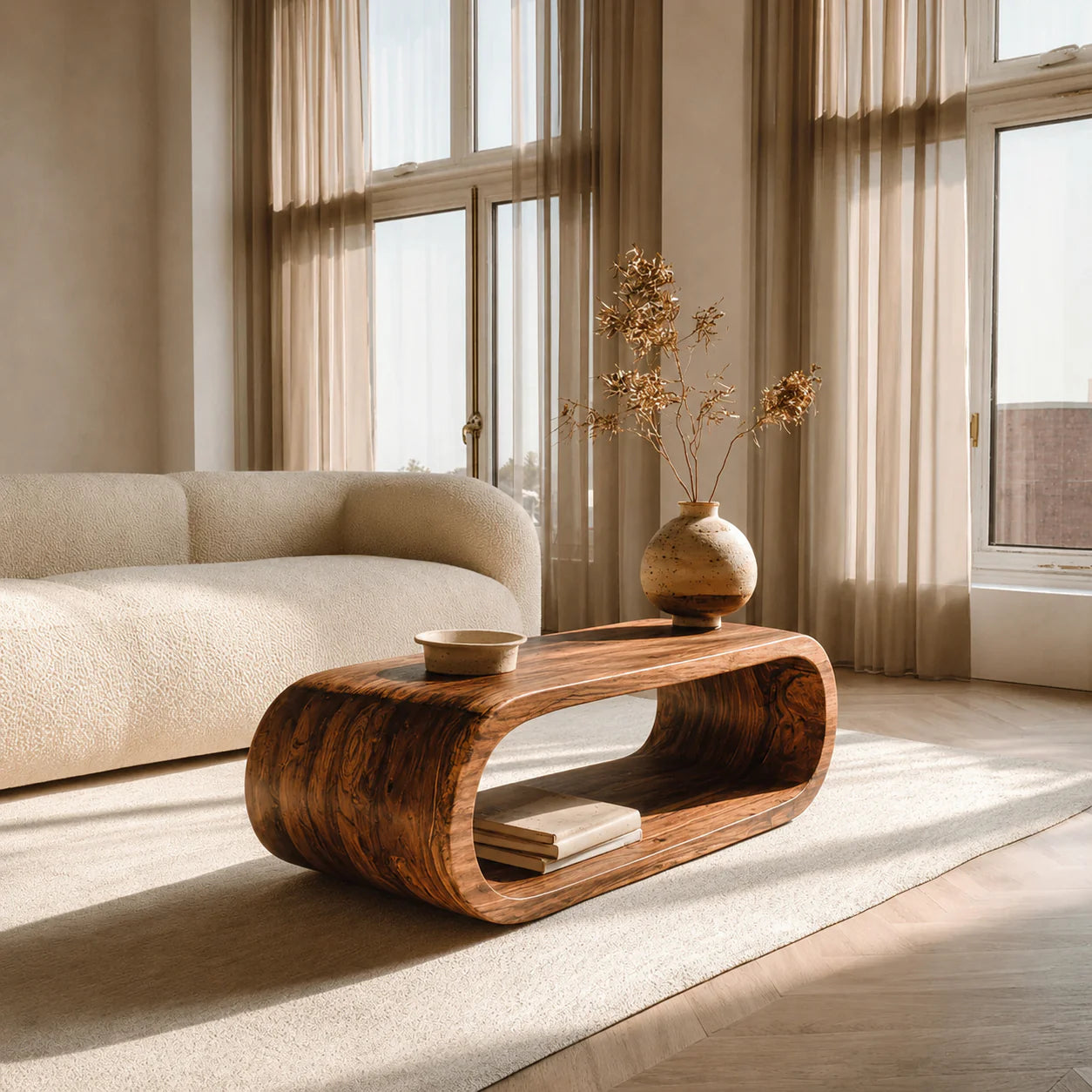 Minimalist Loop Form Natural Solid Wood Coffee Table with Open Base - Elitegemse - View 8