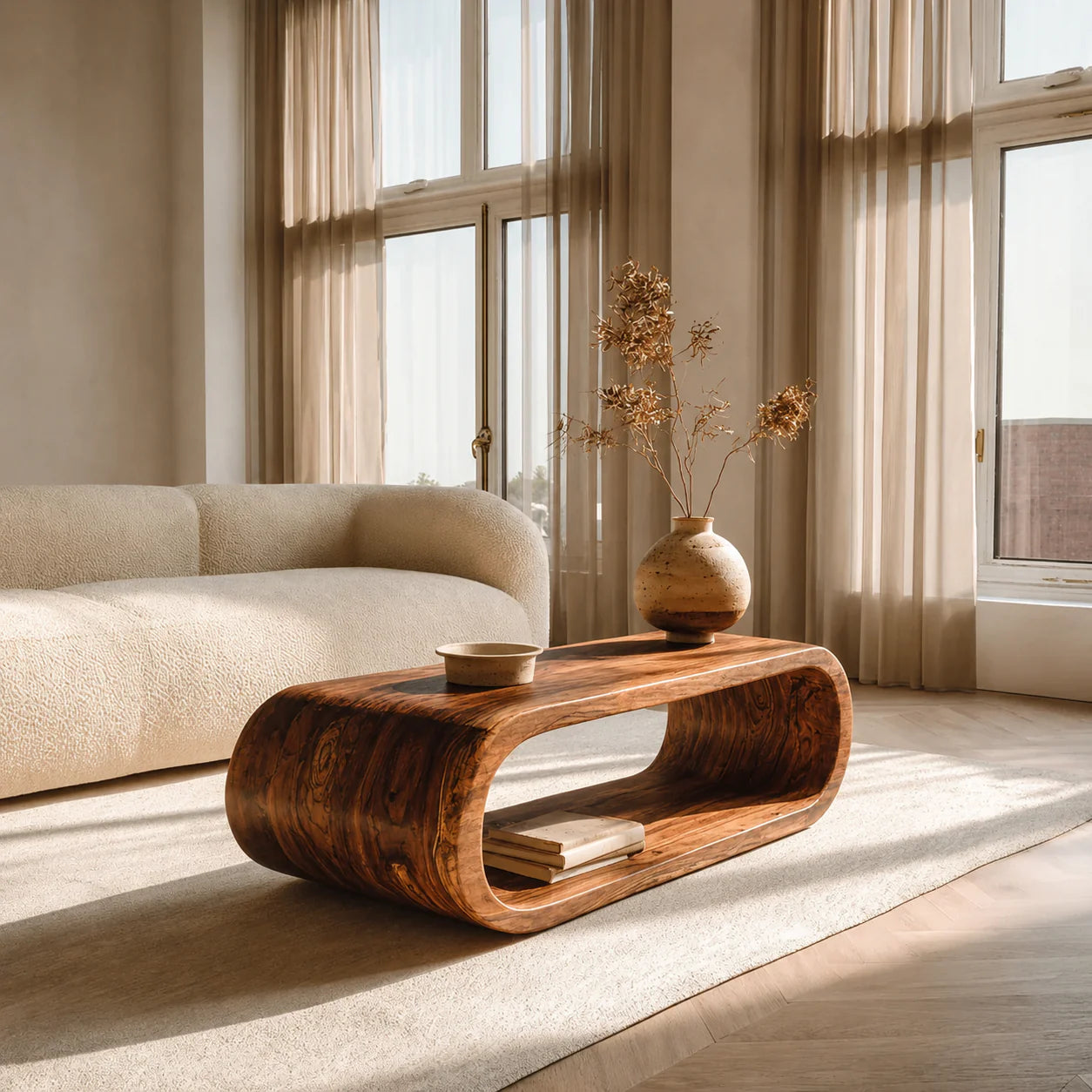 Minimalist Loop Form Natural Solid Wood Coffee Table with Open Base - Elitegemse - View 9