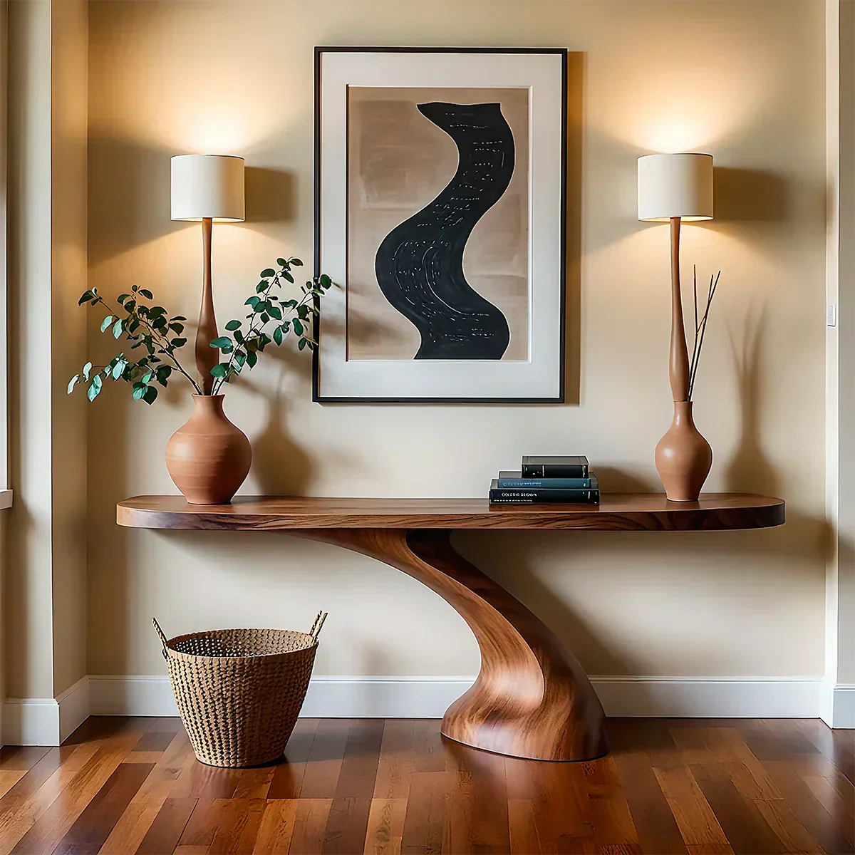 Minimalist Sculptural Console Table in Natural Solid Wood for Entryway - Elitegemse