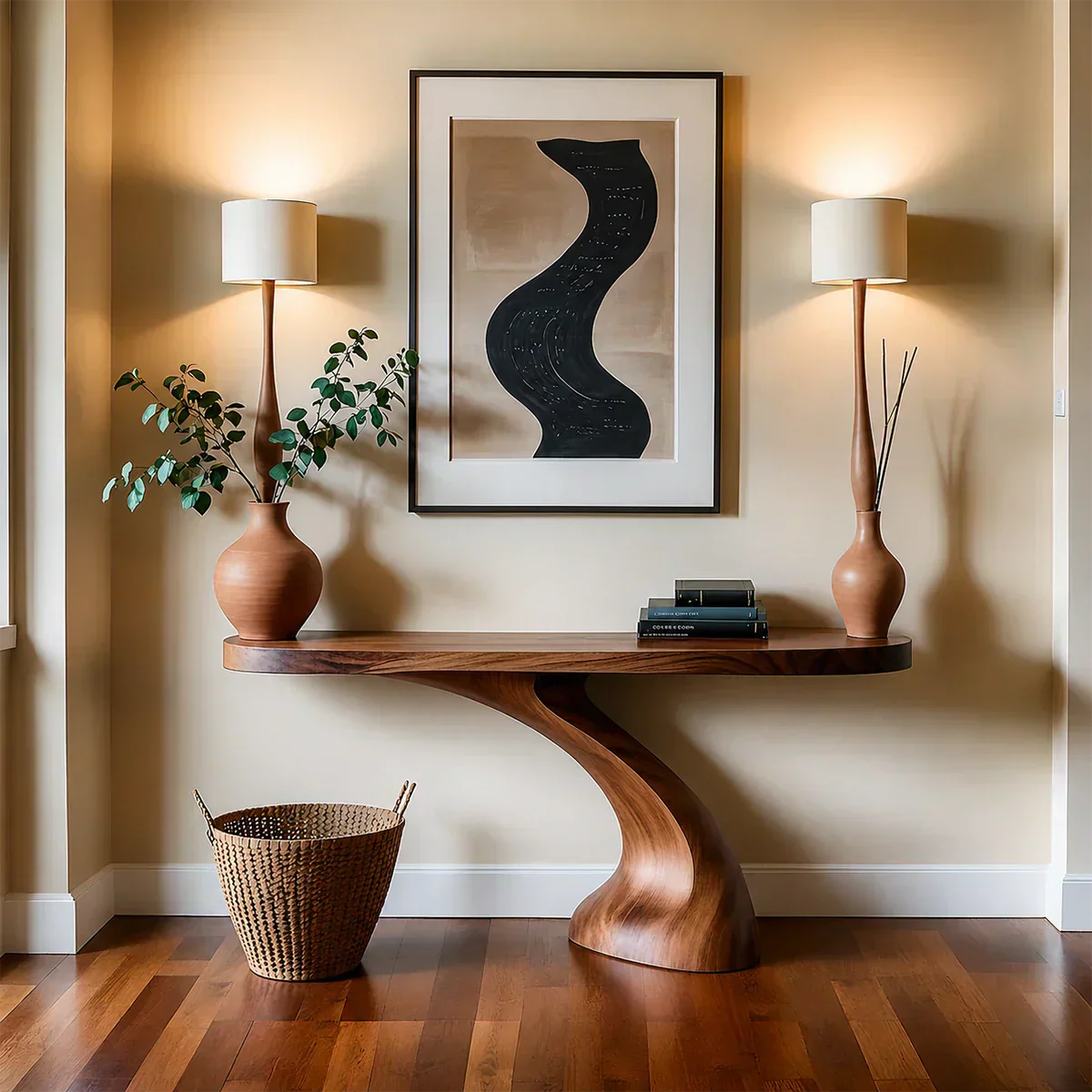 Minimalist Sculptural Console Table in Natural Solid Wood for Entryway - Elitegemse - View 12