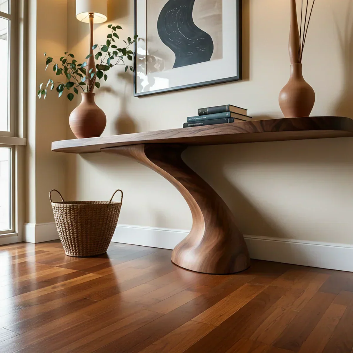 Minimalist Sculptural Console Table in Natural Solid Wood for Entryway - Elitegemse - View 5