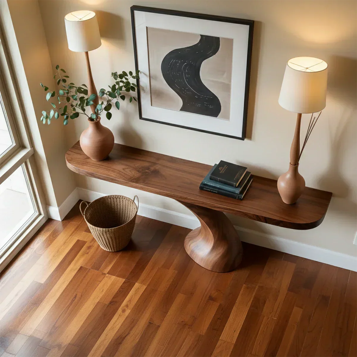 Minimalist Sculptural Console Table in Natural Solid Wood for Entryway - Elitegemse - View 6