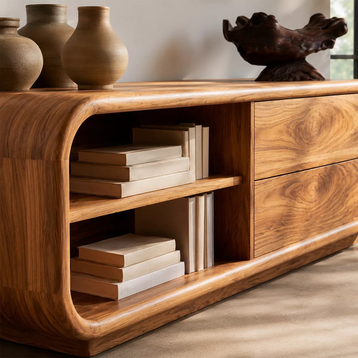 Minimalist TV Stand with Rounded Form and Open Storage in Natural Solid Wood - Elitegemse - 1