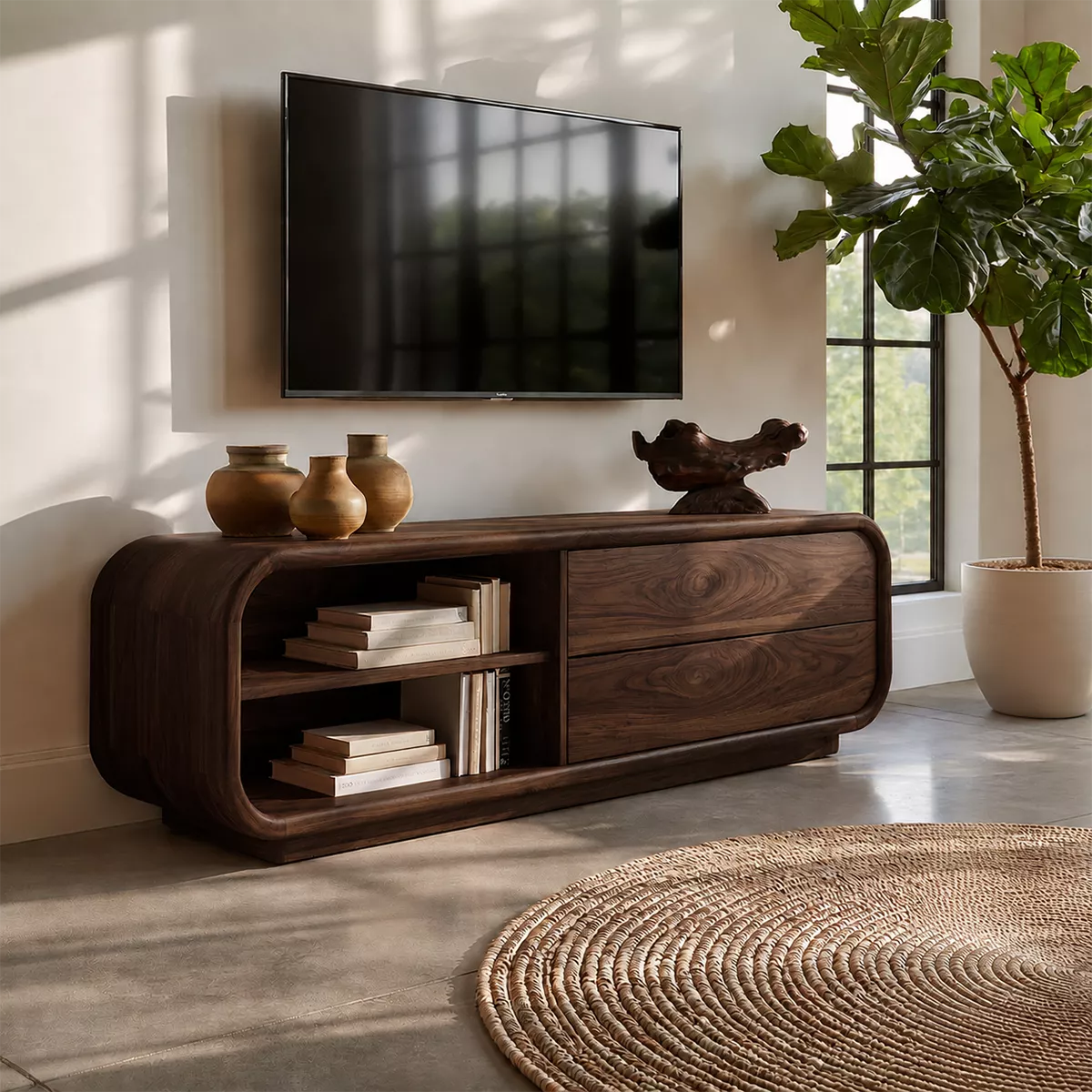 Minimalist TV Stand with Rounded Form and Open Storage in Natural Solid Wood - Elitegemse - 10