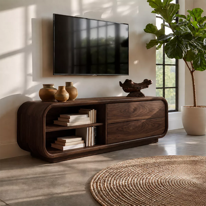 Minimalist TV Stand with Rounded Form and Open Storage in Natural Solid Wood - Elitegemse - 10
