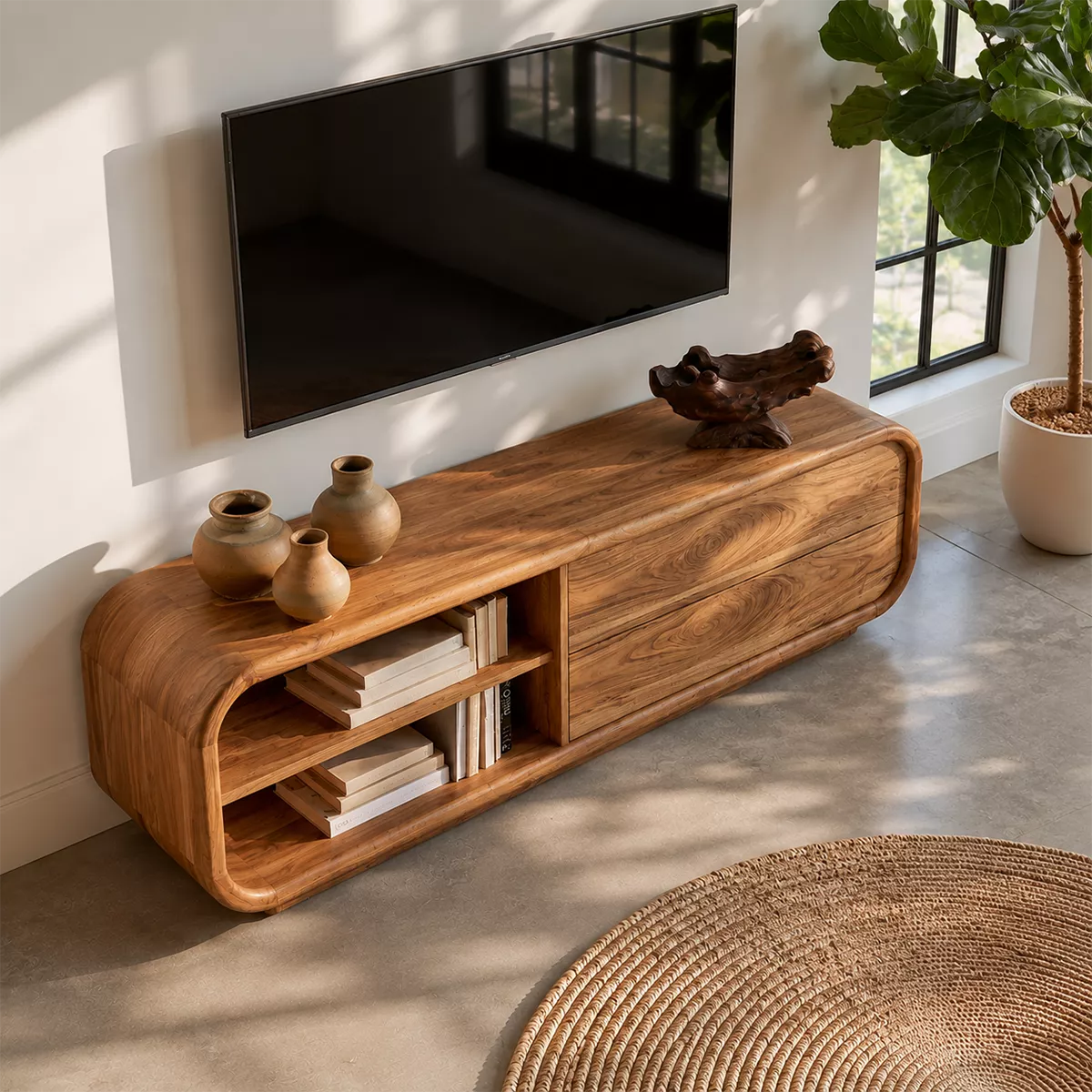 Minimalist TV Stand with Rounded Form and Open Storage in Natural Solid Wood - Elitegemse - 2