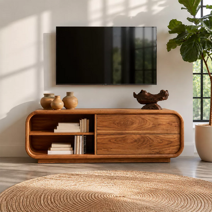 Minimalist TV Stand with Rounded Form and Open Storage in Natural Solid Wood - Elitegemse - 3