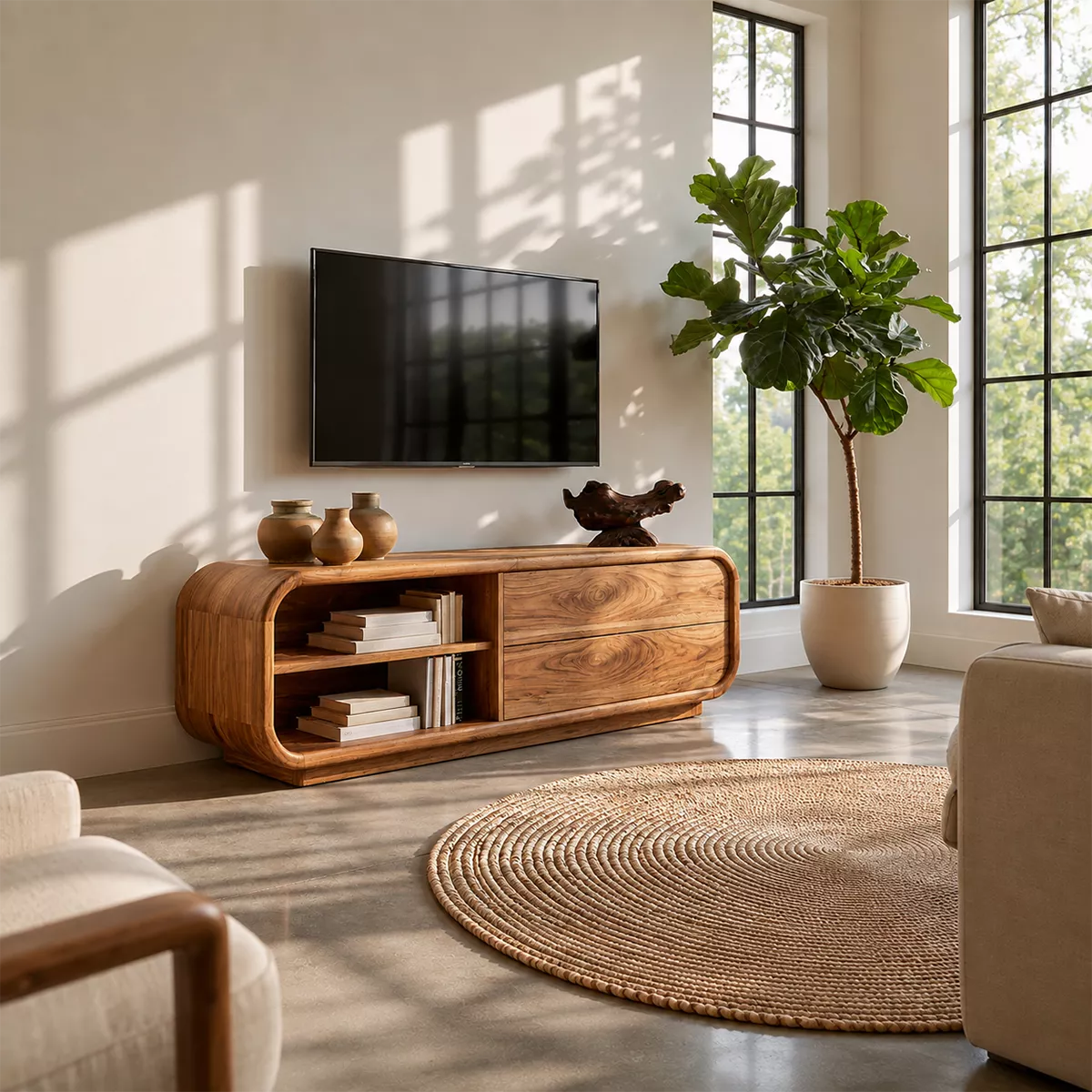 Minimalist TV Stand with Rounded Form and Open Storage in Natural Solid Wood - Elitegemse - 4