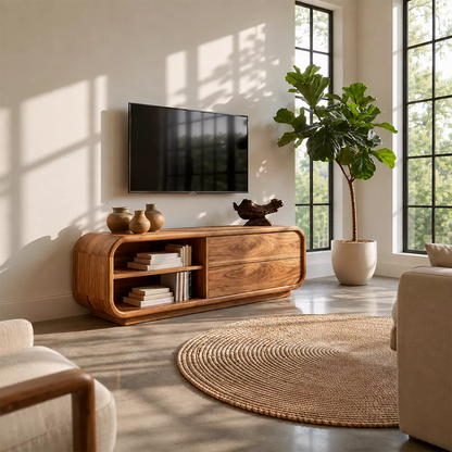 Minimalist TV Stand with Rounded Form and Open Storage in Natural Solid Wood - Elitegemse - 4