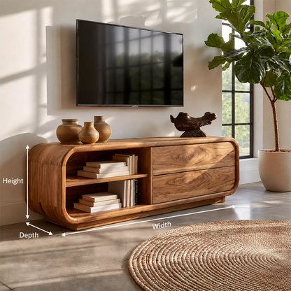 Minimalist TV Stand with Rounded Form and Open Storage in Natural Solid Wood - Elitegemse - 5