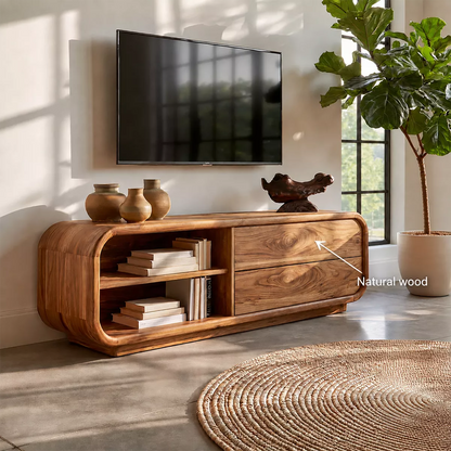 Minimalist TV Stand with Rounded Form and Open Storage in Natural Solid Wood - Elitegemse - 6