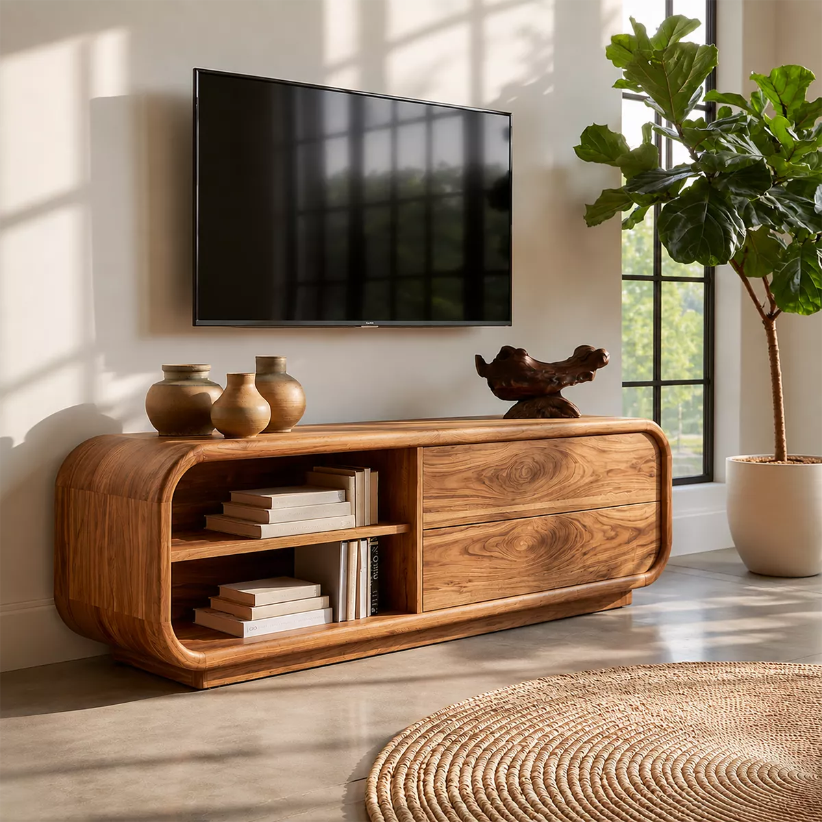 Minimalist TV Stand with Rounded Form and Open Storage in Natural Solid Wood - Elitegemse - 7
