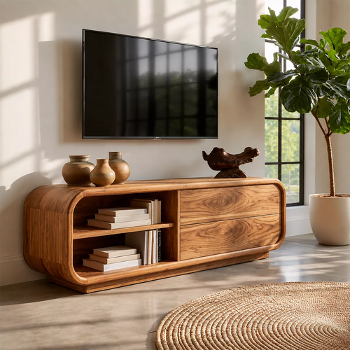 Minimalist TV Stand with Rounded Form and Open Storage in Natural Solid Wood - Elitegemse - 7