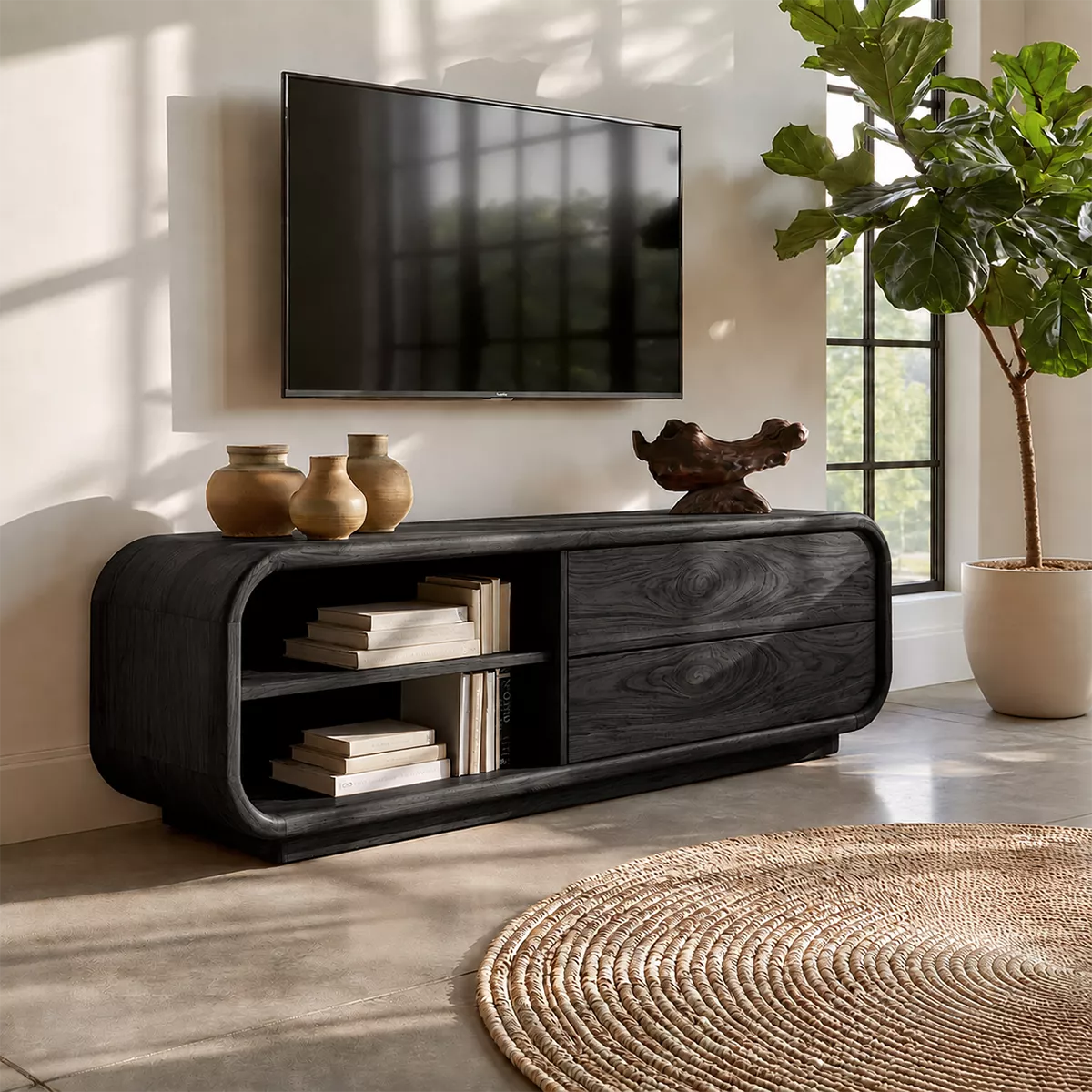 Minimalist TV Stand with Rounded Form and Open Storage in Natural Solid Wood - Elitegemse - 8