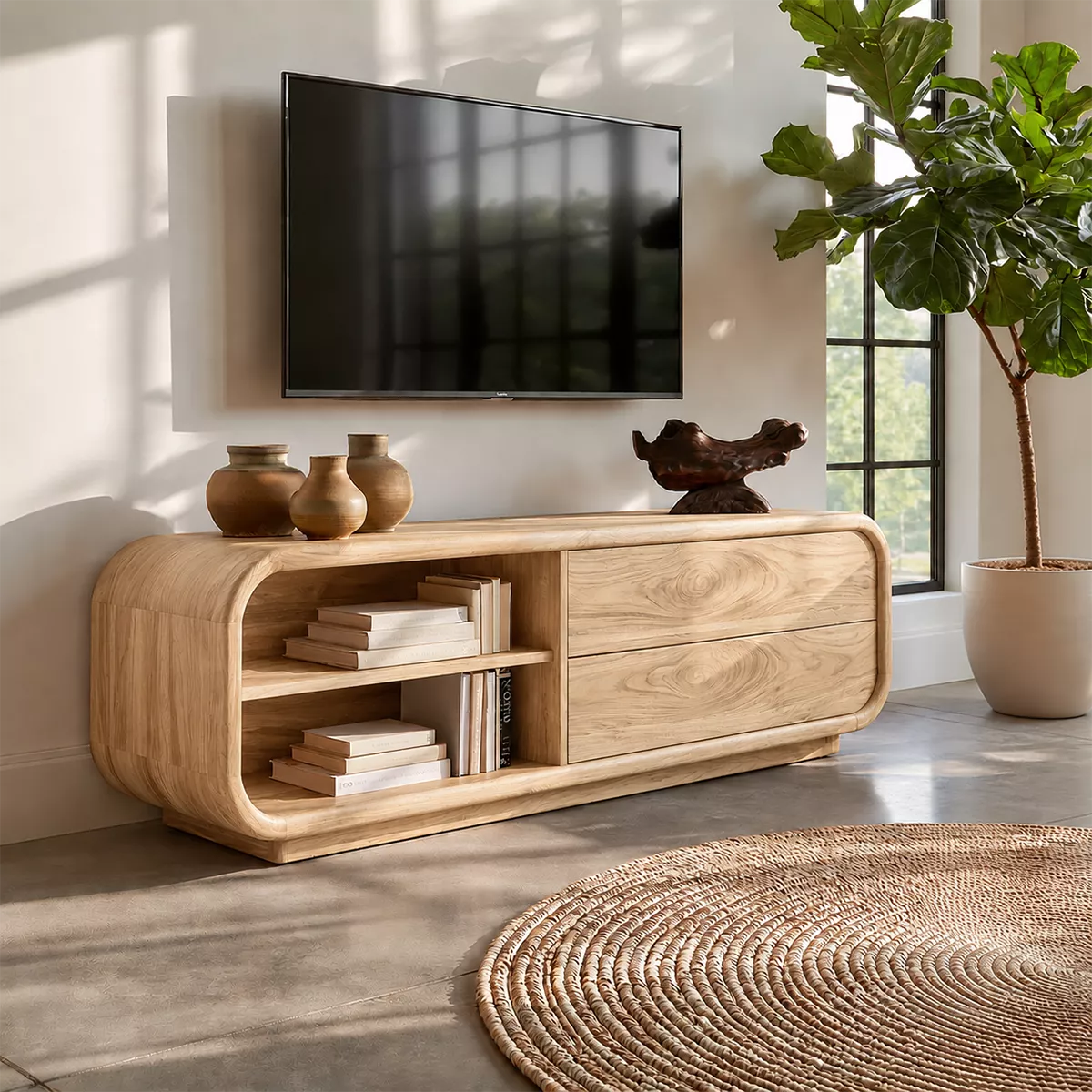 Minimalist TV Stand with Rounded Form and Open Storage in Natural Solid Wood - Elitegemse - 9