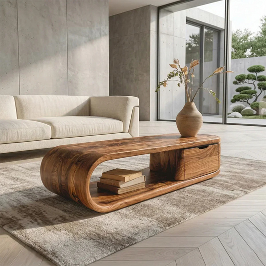 Modern Curved Natural Solid Wood Coffee Table with Drawer Storage - Elitegemse