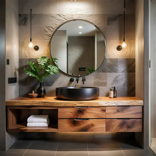 Modern Floating Natural Solid Wood Bathroom Vanity - Elitegemse