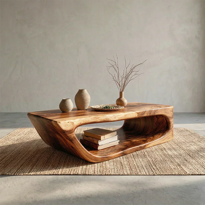 Modern Hollow Form Natural Solid Wood Coffee Table with Open Shelf - Elitegemse