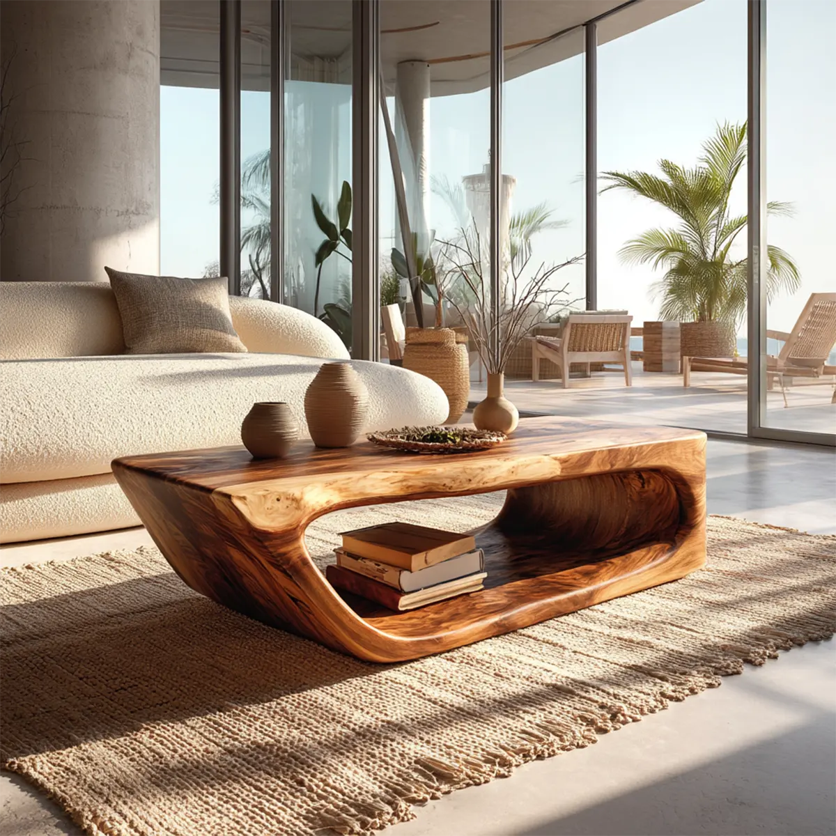 Modern Hollow Form Natural Solid Wood Coffee Table with Open Shelf - Elitegemse - View 2