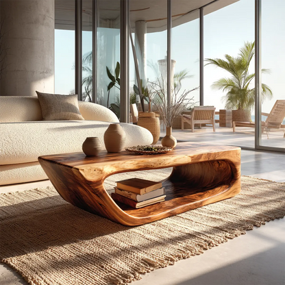 Modern Hollow Form Natural Solid Wood Coffee Table with Open Shelf - Elitegemse - View 2