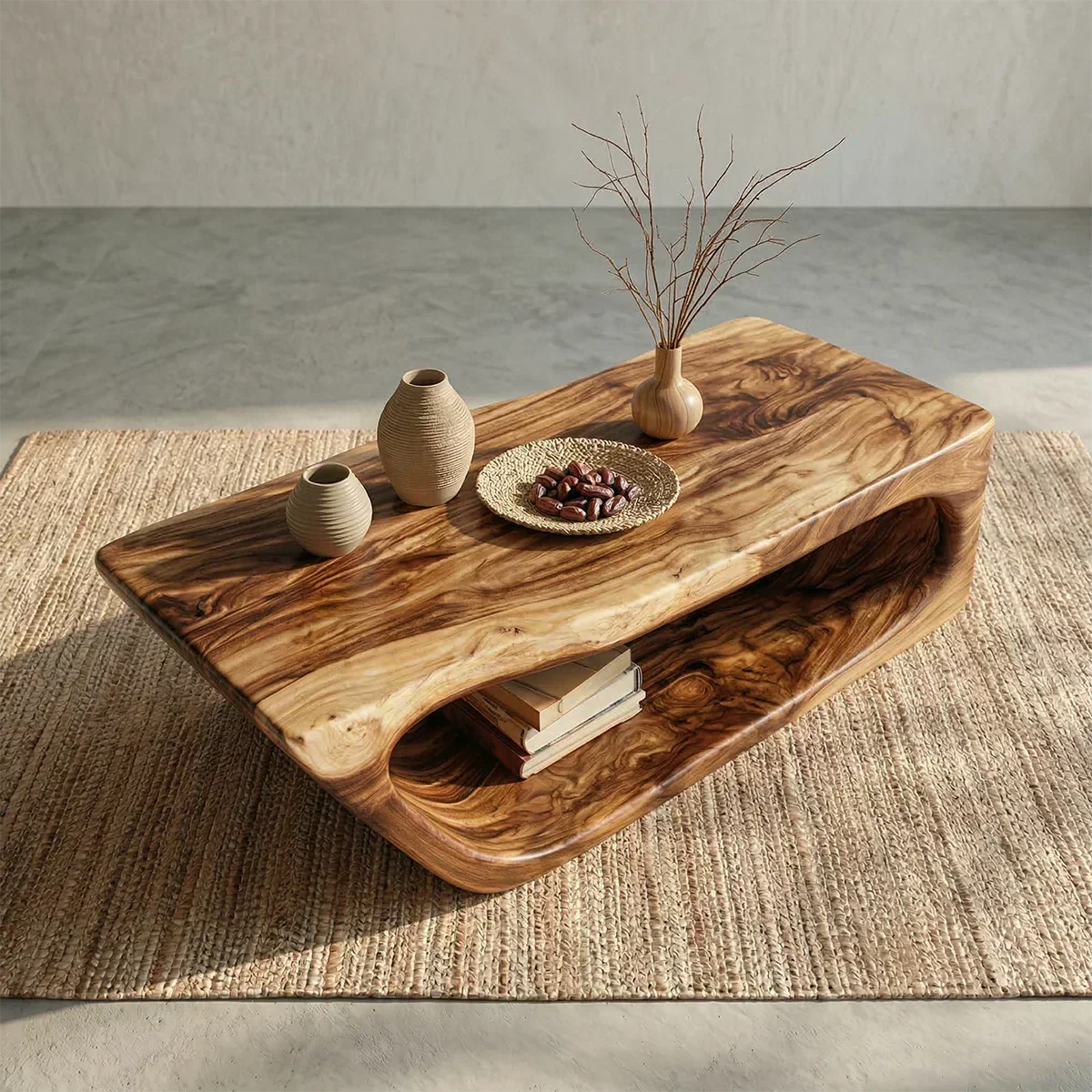 Modern Hollow Form Natural Solid Wood Coffee Table with Open Shelf - Elitegemse - View 3