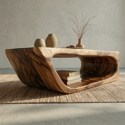 Modern Hollow Form Natural Solid Wood Coffee Table with Open Shelf - Elitegemse - View 4