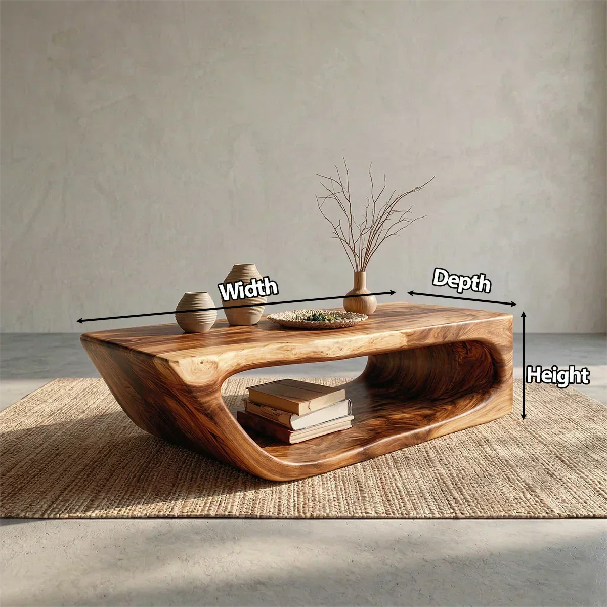 Modern Hollow Form Natural Solid Wood Coffee Table with Open Shelf - Elitegemse - View 5