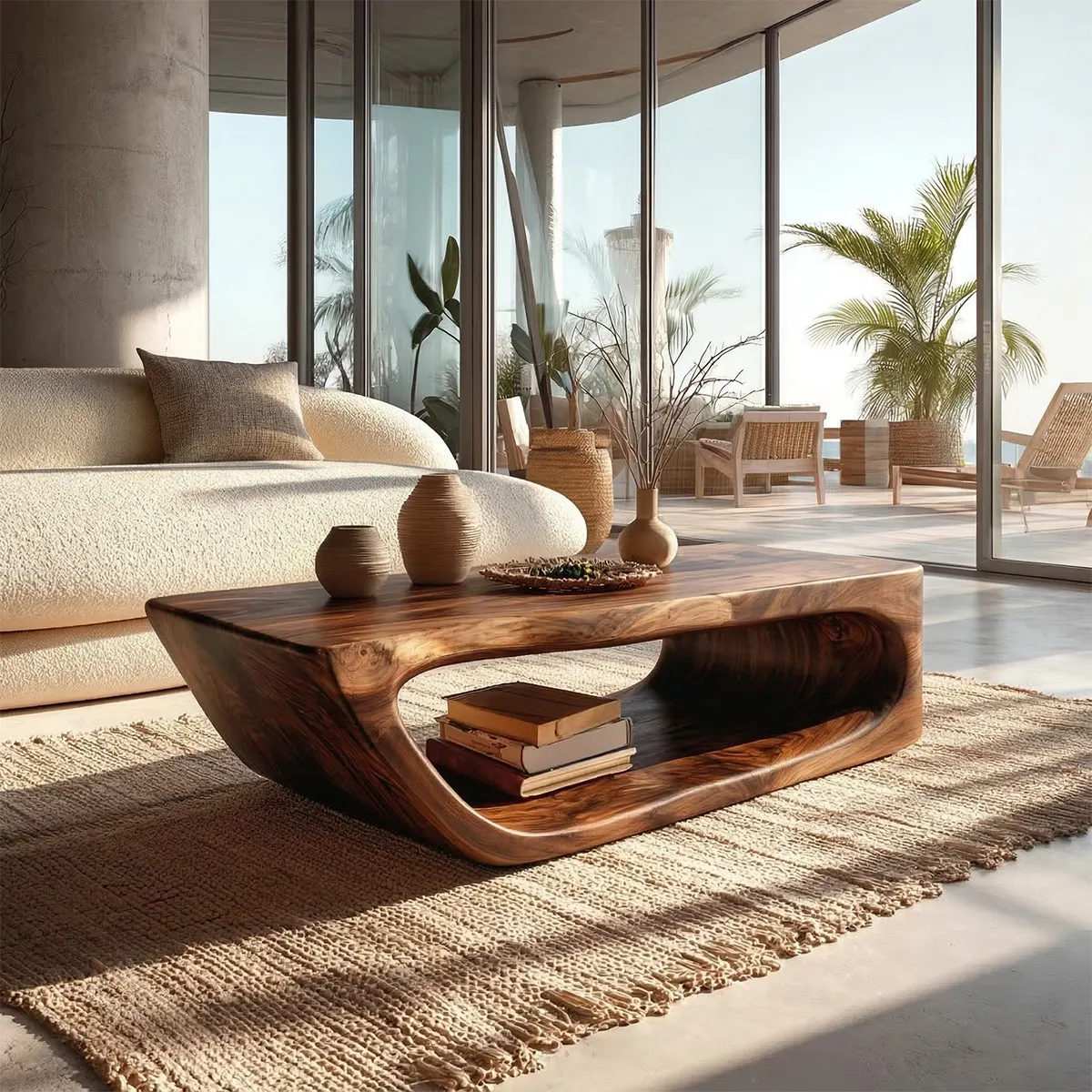 Modern Hollow Form Natural Solid Wood Coffee Table with Open Shelf - Elitegemse - View 6
