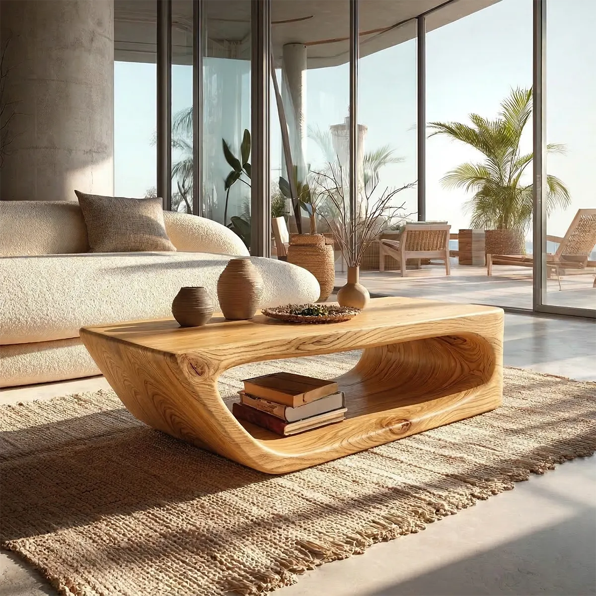 Modern Hollow Form Natural Solid Wood Coffee Table with Open Shelf - Elitegemse - View 7