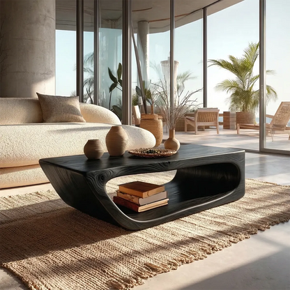 Modern Hollow Form Natural Solid Wood Coffee Table with Open Shelf - Elitegemse - View 8