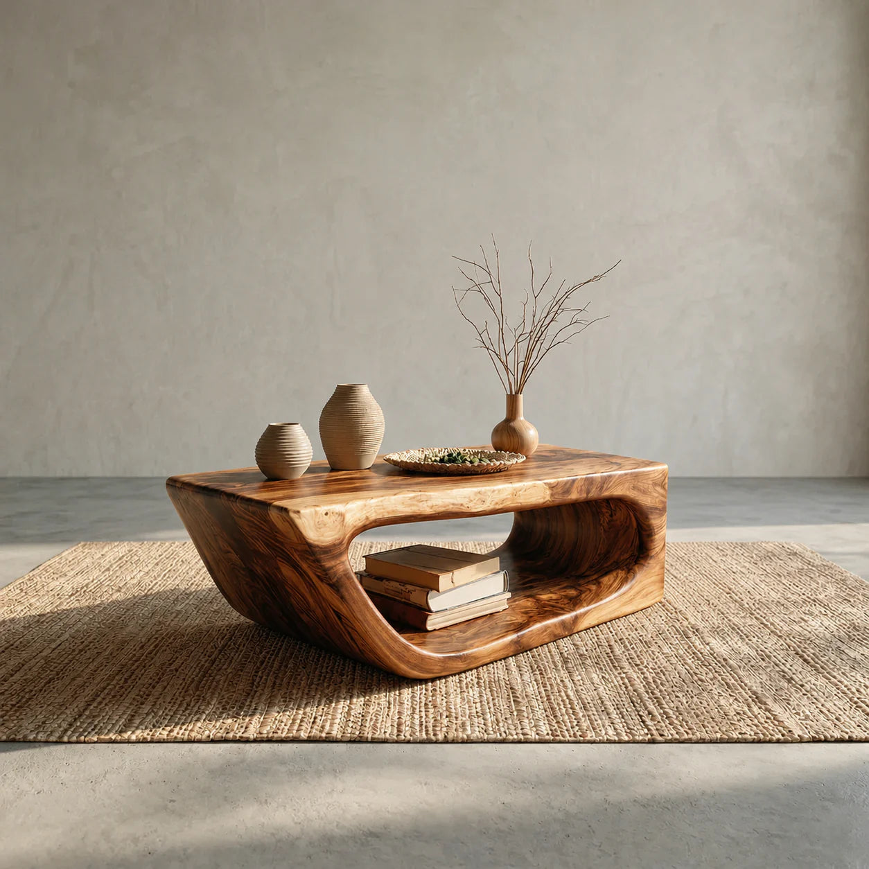 Modern Hollow Form Natural Solid Wood Coffee Table with Open Shelf - Elitegemse - View 9