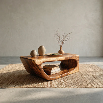 Modern Hollow Form Natural Solid Wood Coffee Table with Open Shelf - Elitegemse - View 9