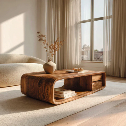 Modern Natural Solid Wood Coffee Table with Drawer and Open Shelf - Elitegemse
