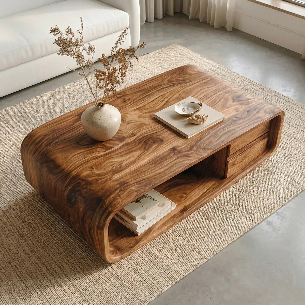 Modern Natural Solid Wood Coffee Table with Drawer and Open Shelf - Elitegemse - View 2