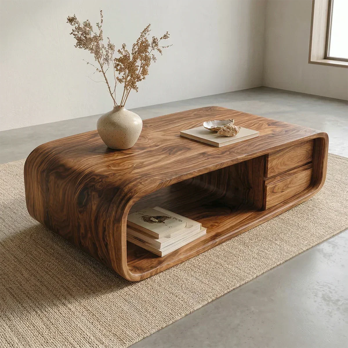 Modern Natural Solid Wood Coffee Table with Drawer and Open Shelf - Elitegemse - View 3