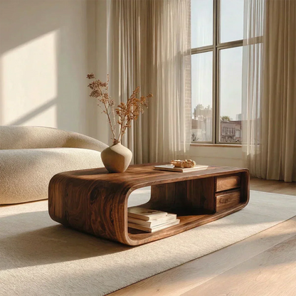 Modern Natural Solid Wood Coffee Table with Drawer and Open Shelf - Elitegemse - View 5