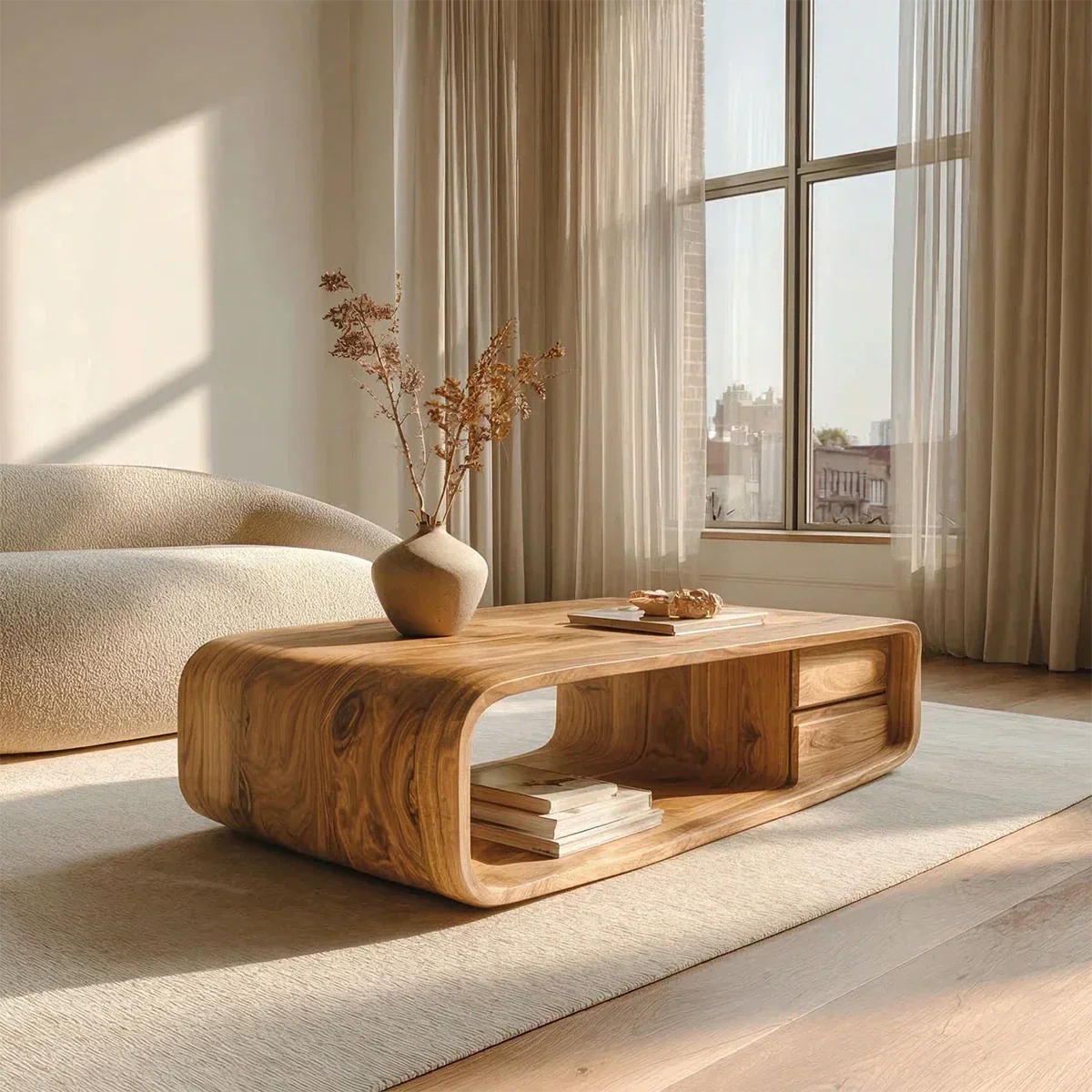 Modern Natural Solid Wood Coffee Table with Drawer and Open Shelf - Elitegemse - View 6