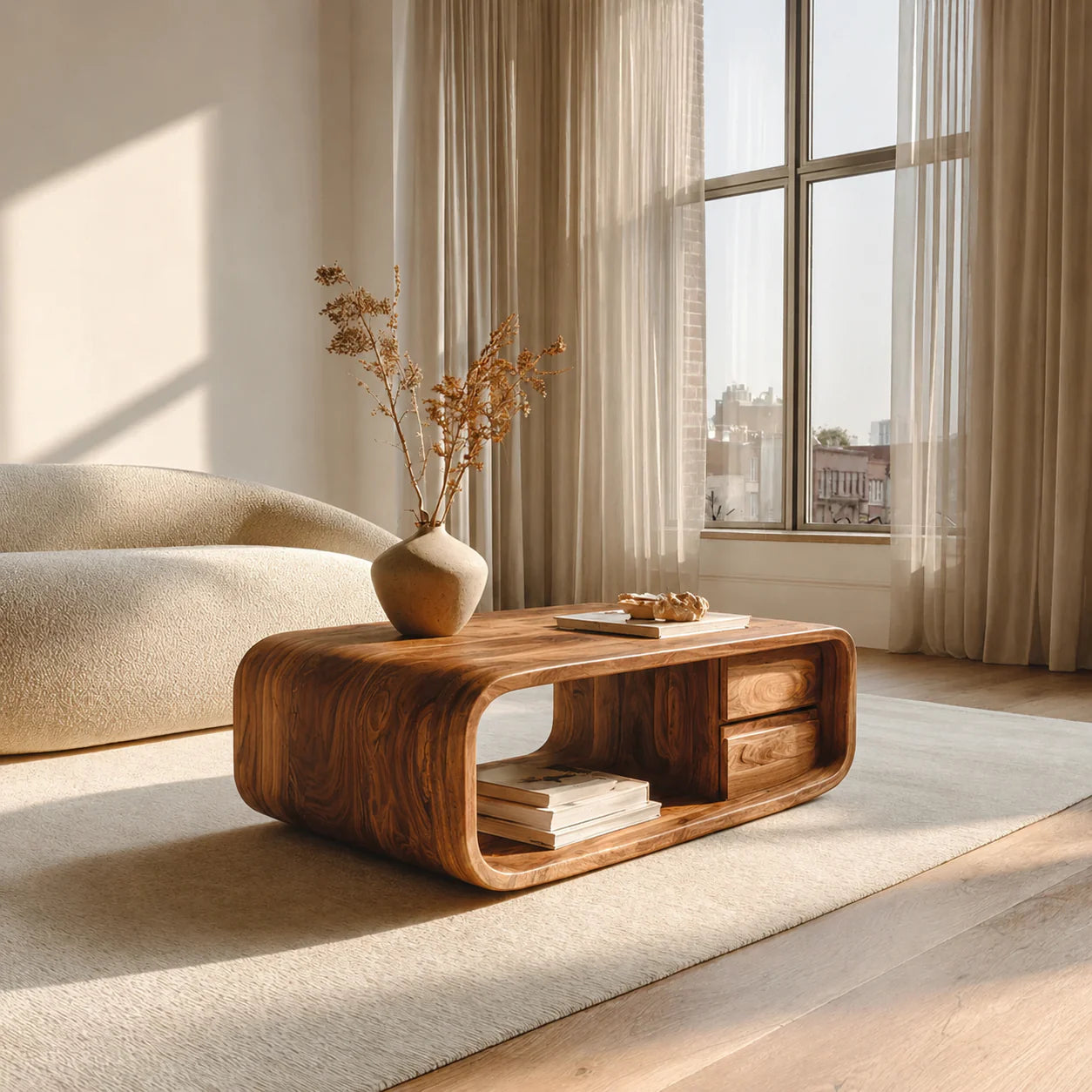 Modern Natural Solid Wood Coffee Table with Drawer and Open Shelf - Elitegemse - View 8