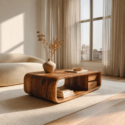 Modern Natural Solid Wood Coffee Table with Drawer and Open Shelf - Elitegemse - View 9