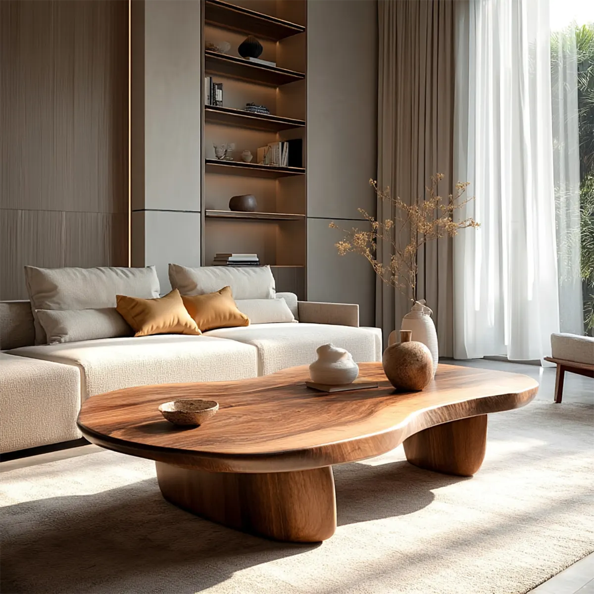 Modern Organic Natural Solid Wood Coffee Table with Rounded Base - Elitegemse
