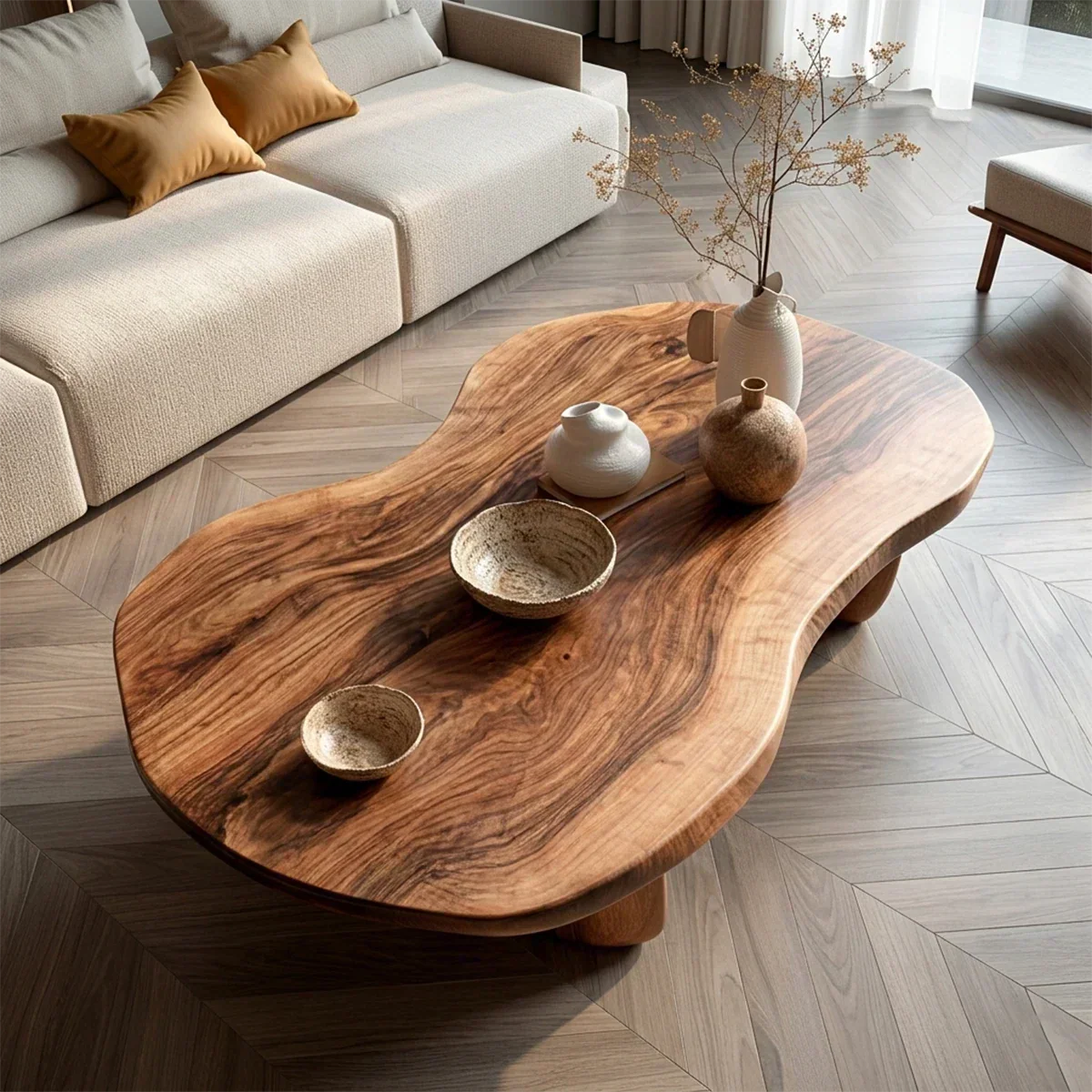 Modern Organic Natural Solid Wood Coffee Table with Rounded Base - Elitegemse - View 2