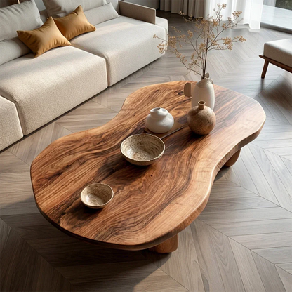 Modern Organic Natural Solid Wood Coffee Table with Rounded Base - Elitegemse - View 2