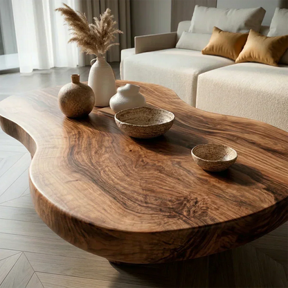 Modern Organic Natural Solid Wood Coffee Table with Rounded Base - Elitegemse - View 3