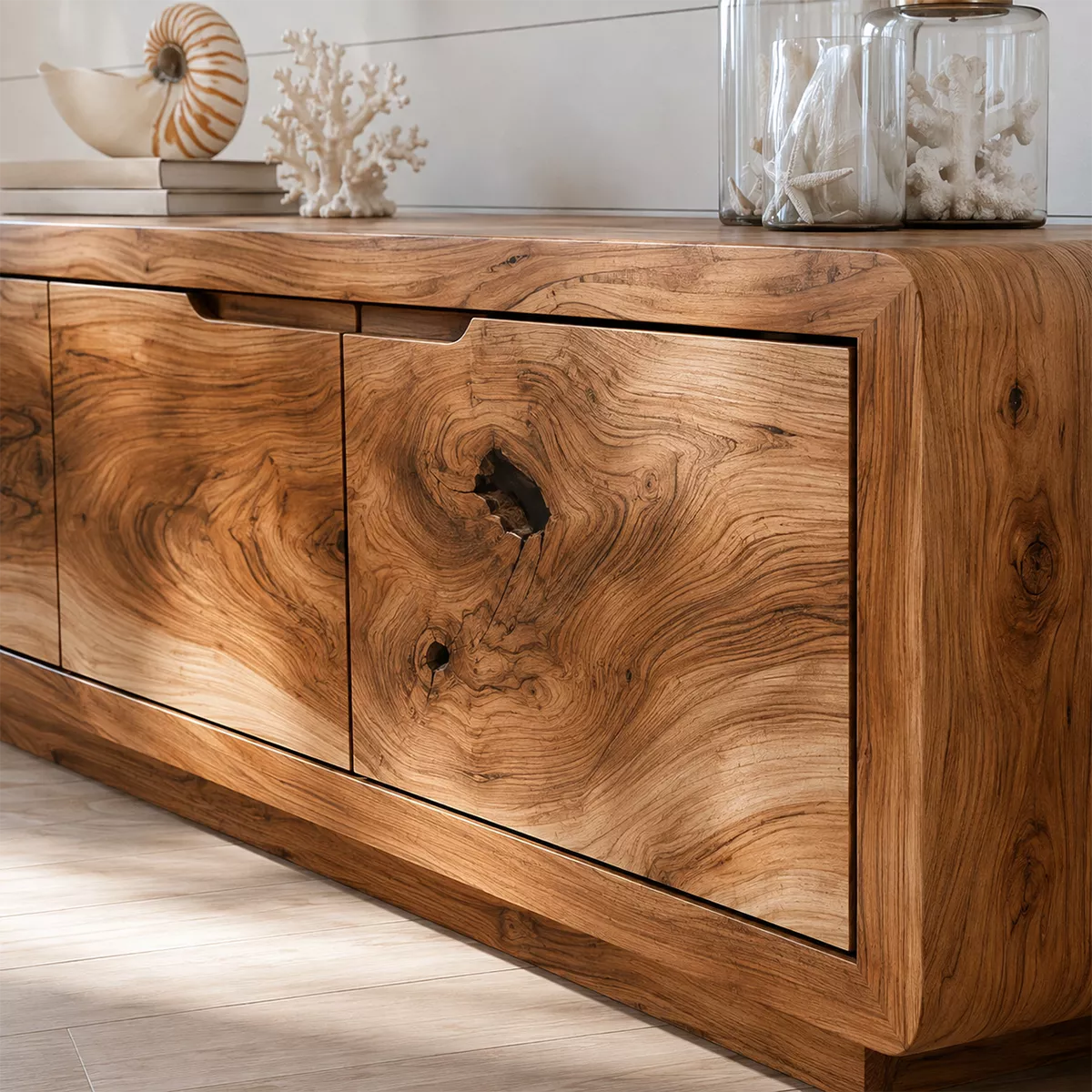 Modern TV Stand with Four Cabinet Doors in Natural Solid Wood - Elitegemse - 1