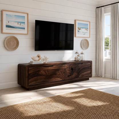 Modern TV Stand with Four Cabinet Doors in Natural Solid Wood - Elitegemse - 10