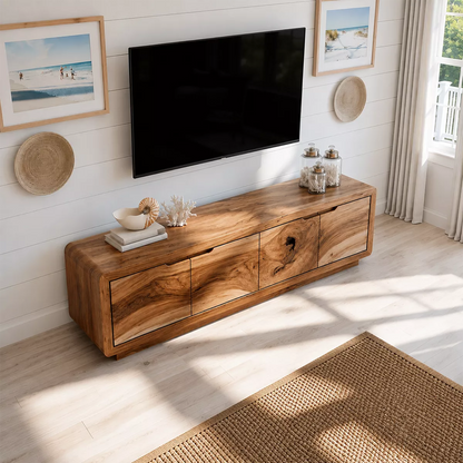 Modern TV Stand with Four Cabinet Doors in Natural Solid Wood - Elitegemse - 2