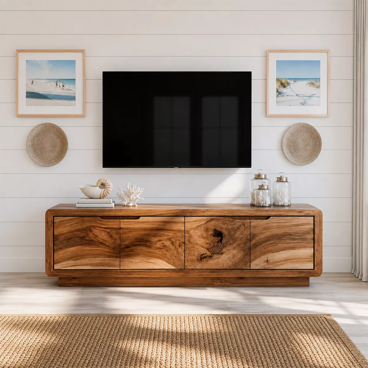 Modern TV Stand with Four Cabinet Doors in Natural Solid Wood - Elitegemse - 3