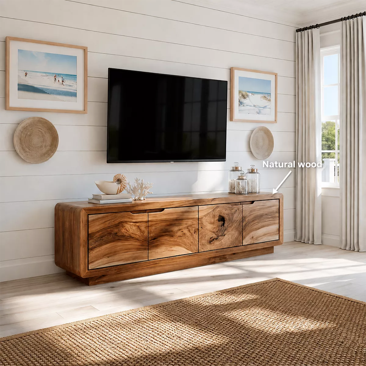 Modern TV Stand with Four Cabinet Doors in Natural Solid Wood - Elitegemse - 6