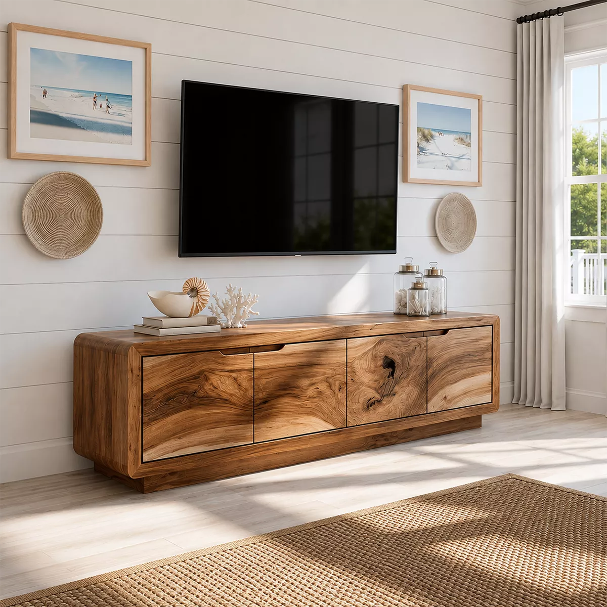Modern TV Stand with Four Cabinet Doors in Natural Solid Wood - Elitegemse - 7