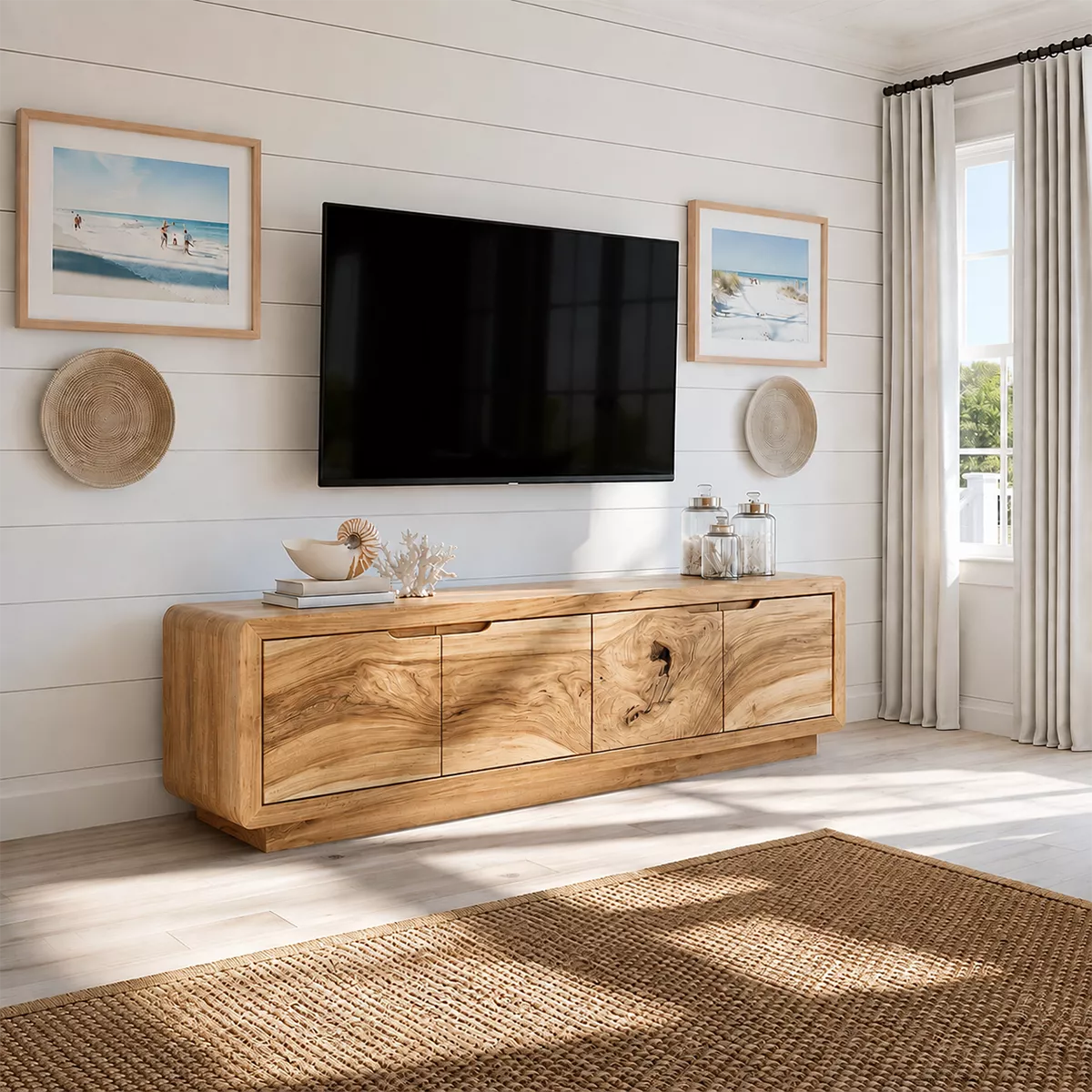 Modern TV Stand with Four Cabinet Doors in Natural Solid Wood - Elitegemse - 9